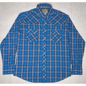 Wrangler Blue Plaid Silver Metallic Pearl Snap Western Rodeo Long Sleeve Shirt L